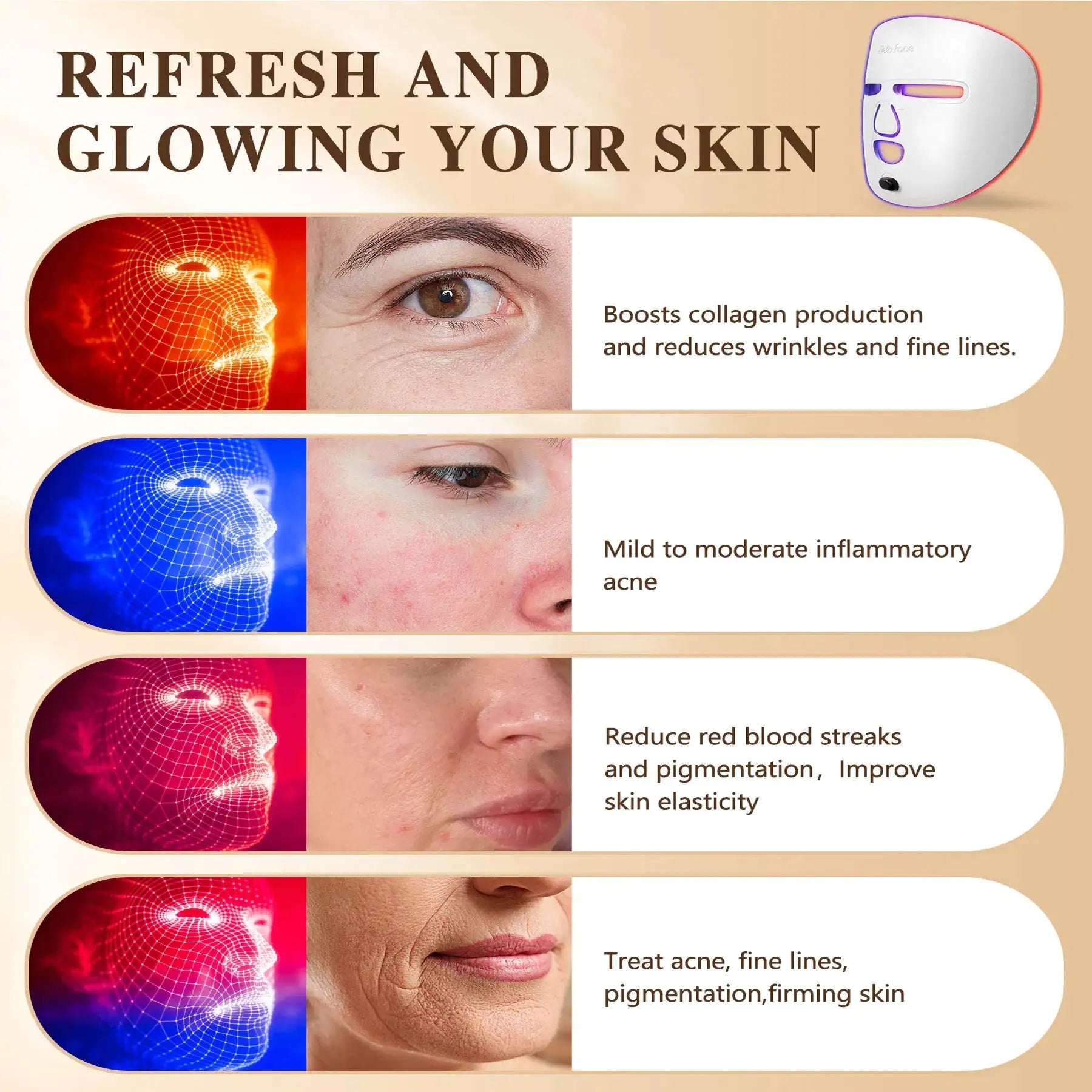 LumiGlow LED Facial Mask | RadiantSkin Light Therapy Mask | PhotonLux LED Face Mask | GlowWave LED Therapy Mask | NeoLumi Facial LED Mask | AuraLux Light Therapy Mask | SkinBeam LED Mask | RejuvaGlow LED Facial Mask | LumiPulse Light Therapy Mask | DermaLux LED Face Mask